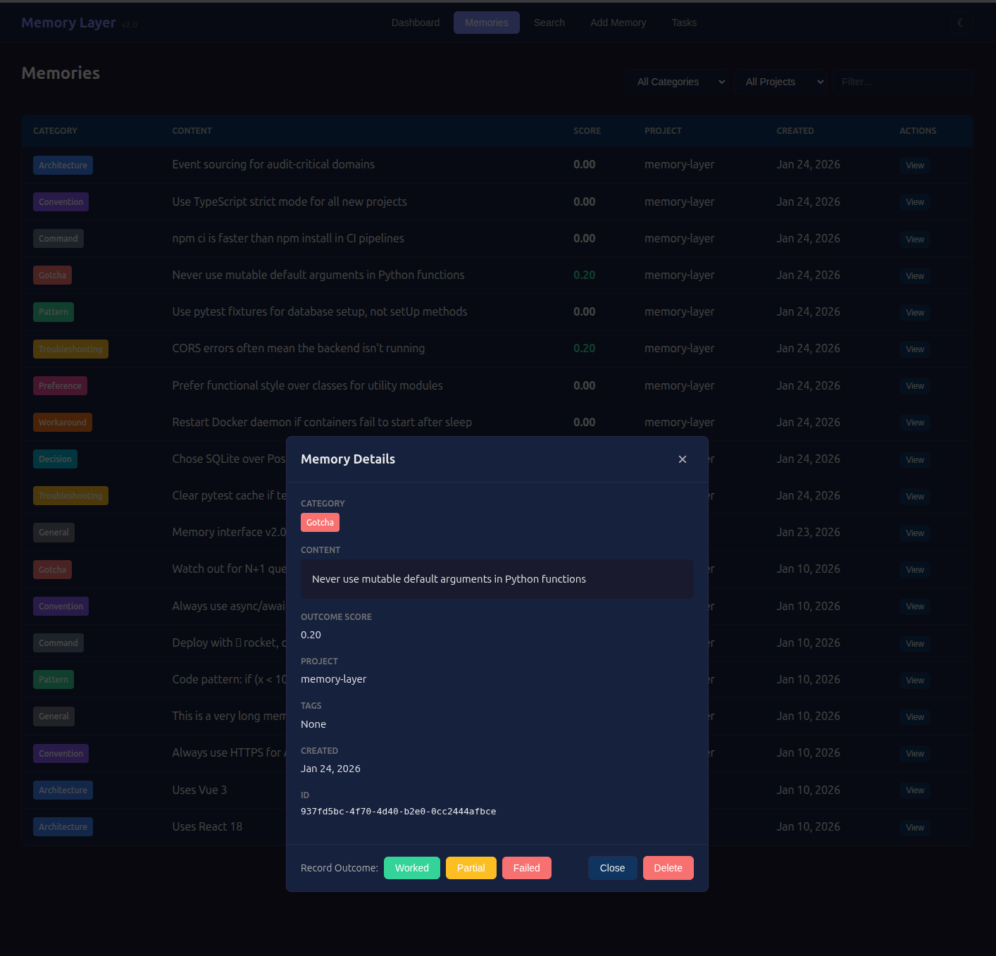 Memory Details with Outcome Recording